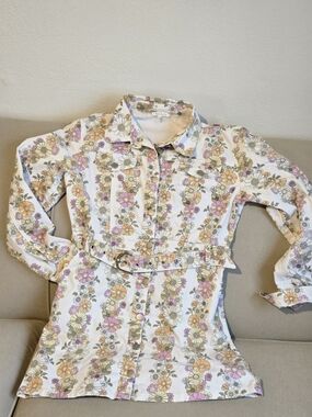 BaeVely Retro Floral Denim Shirt Dress Belted Snap Front L